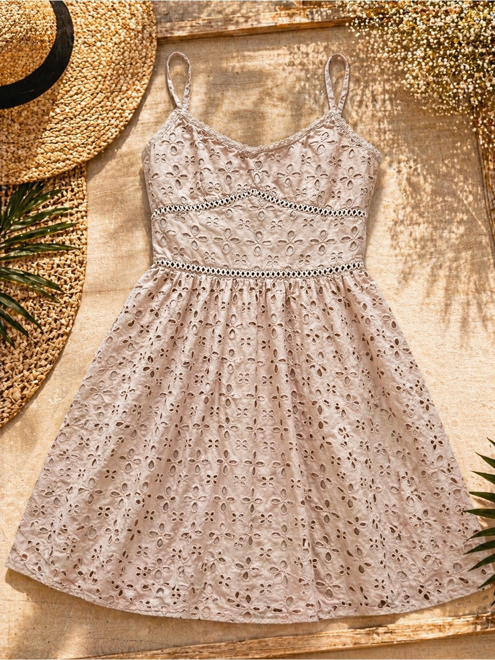 Sleeveless Eyelet Crochet A-Line Dress in Light Beige